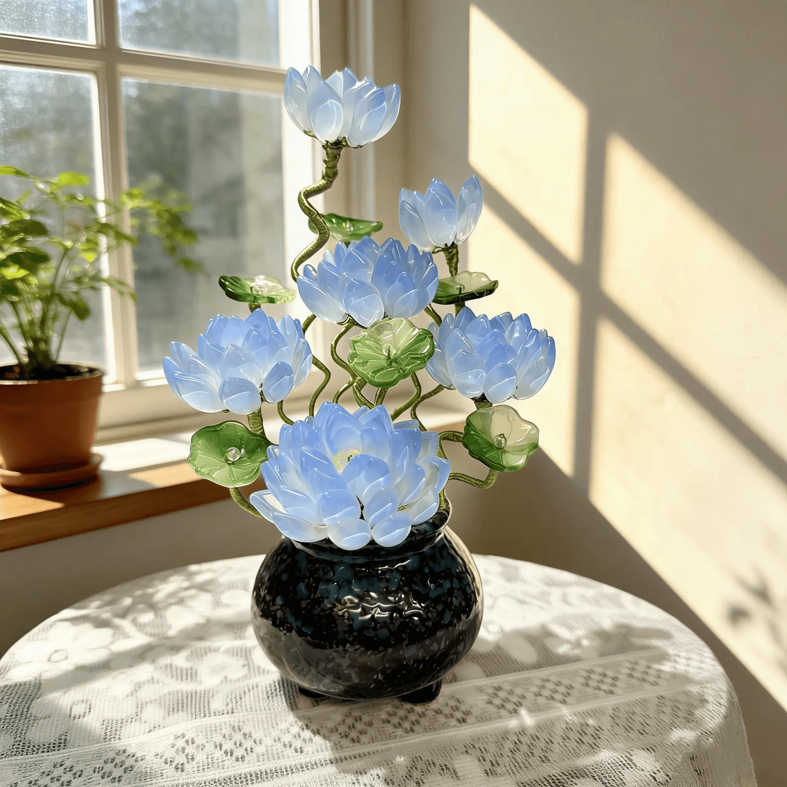 Handmade Blue Glass Flower with Pot