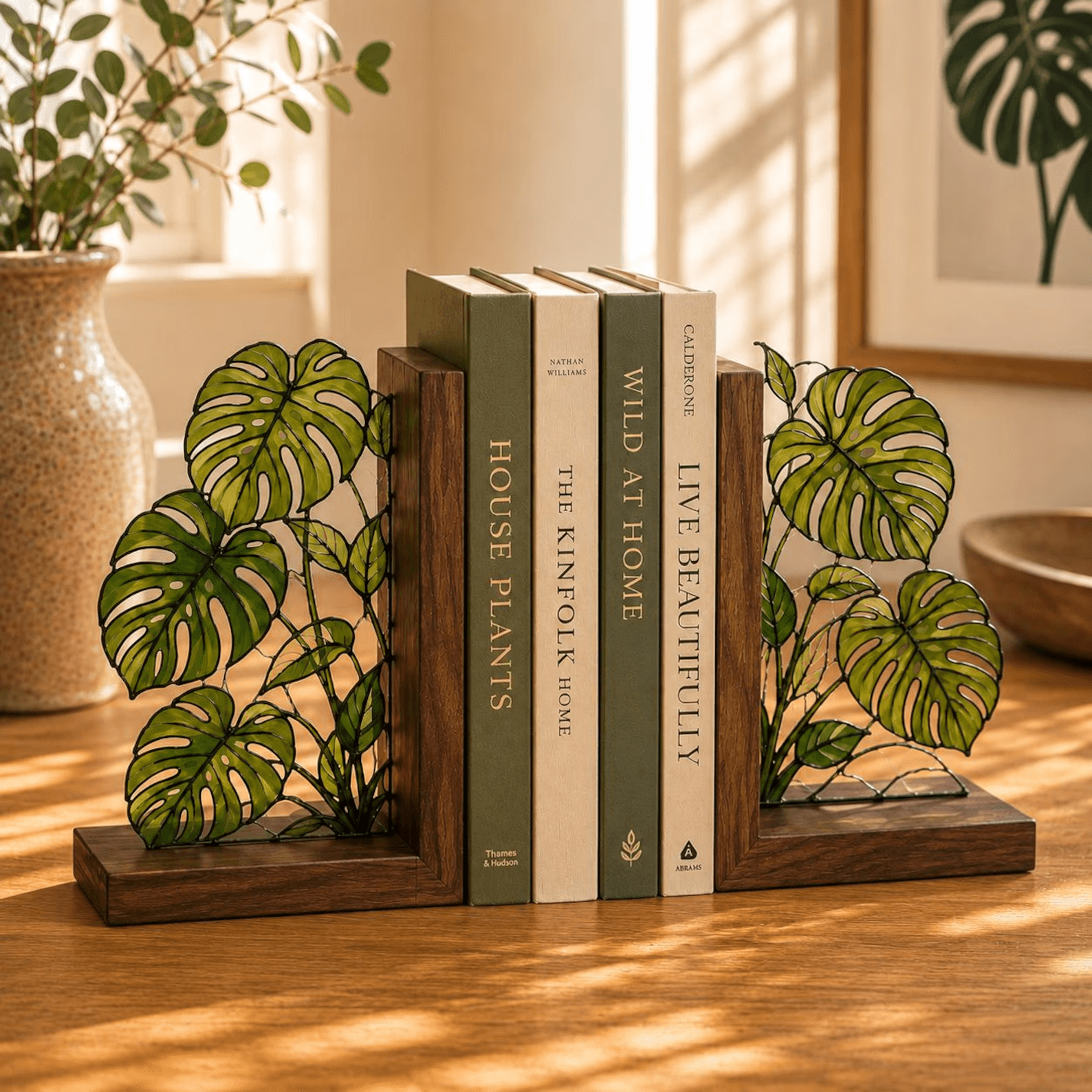 Monstera Stained Glass Bookends,