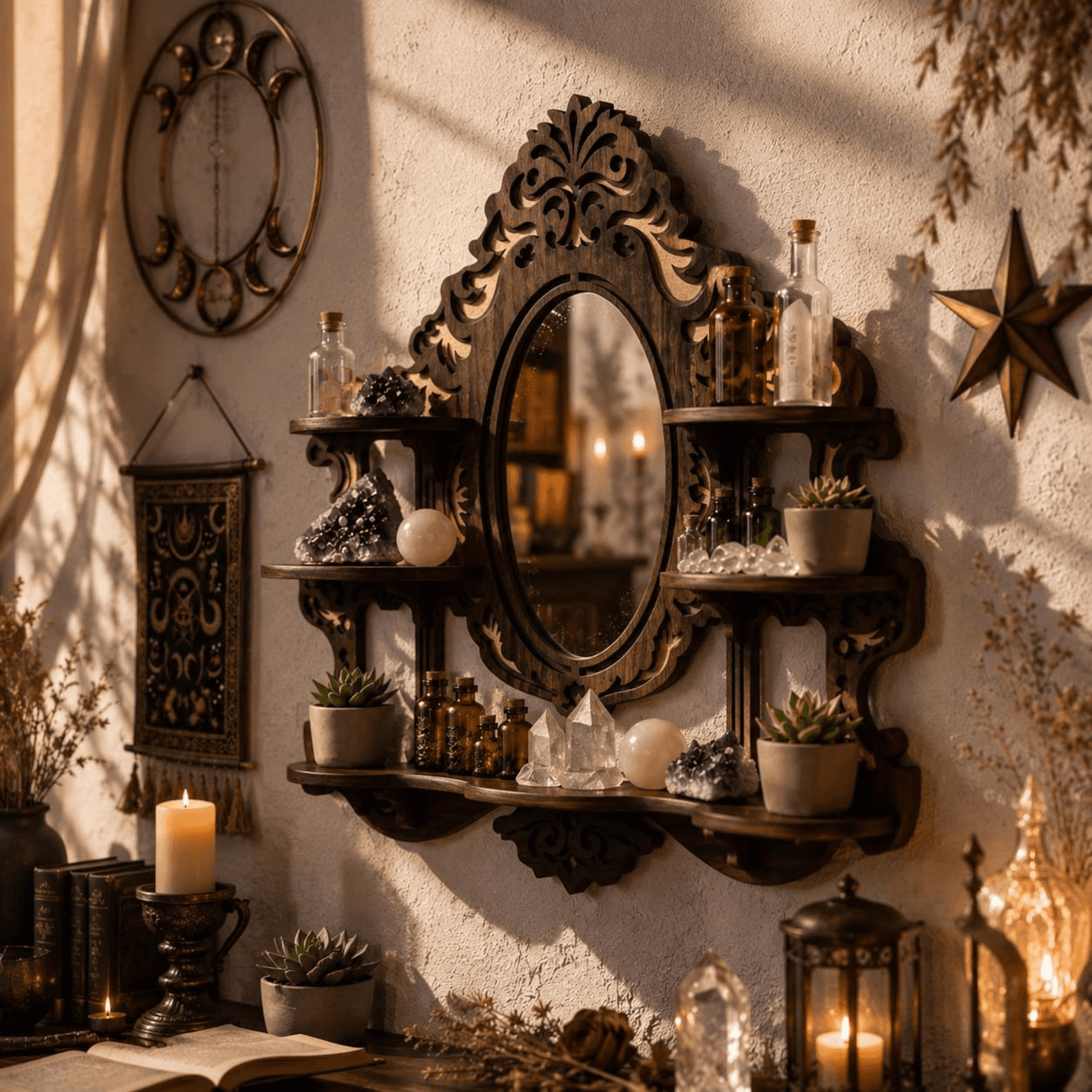 Wood Wall Shelf with Mirror,