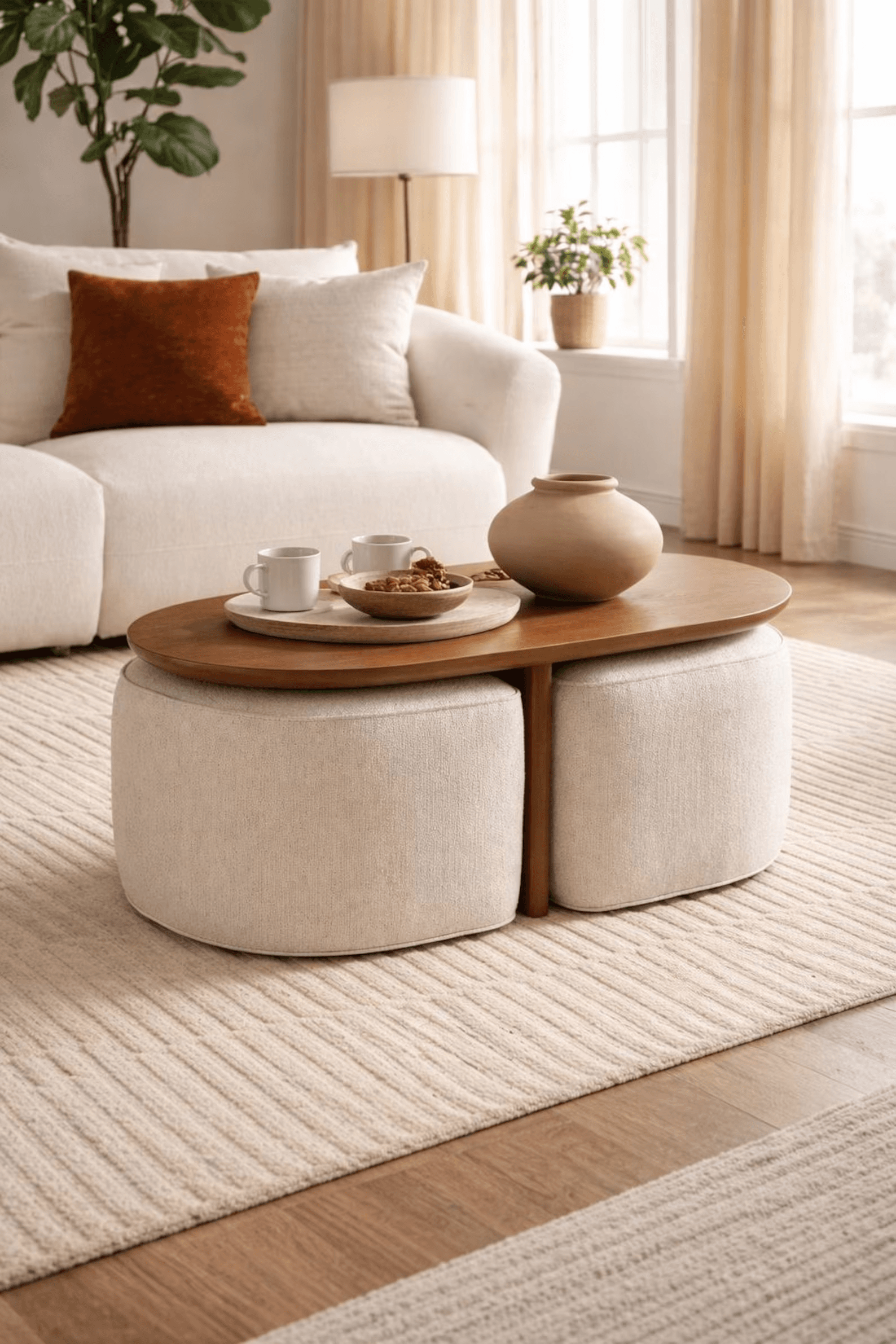 Natural Walnut Coffee Table & Ottoman Set