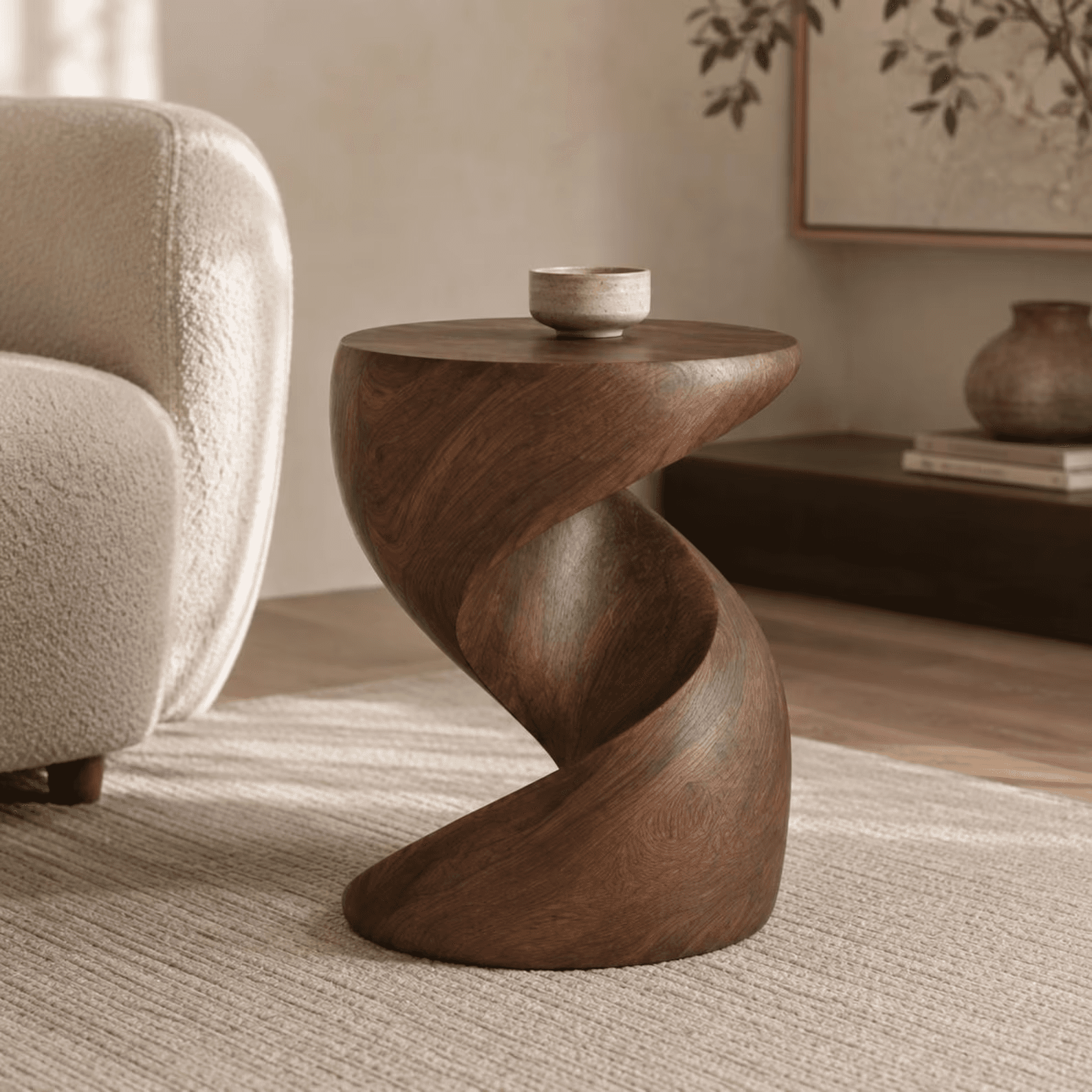 Twisted Sculptural Wood Side Table,