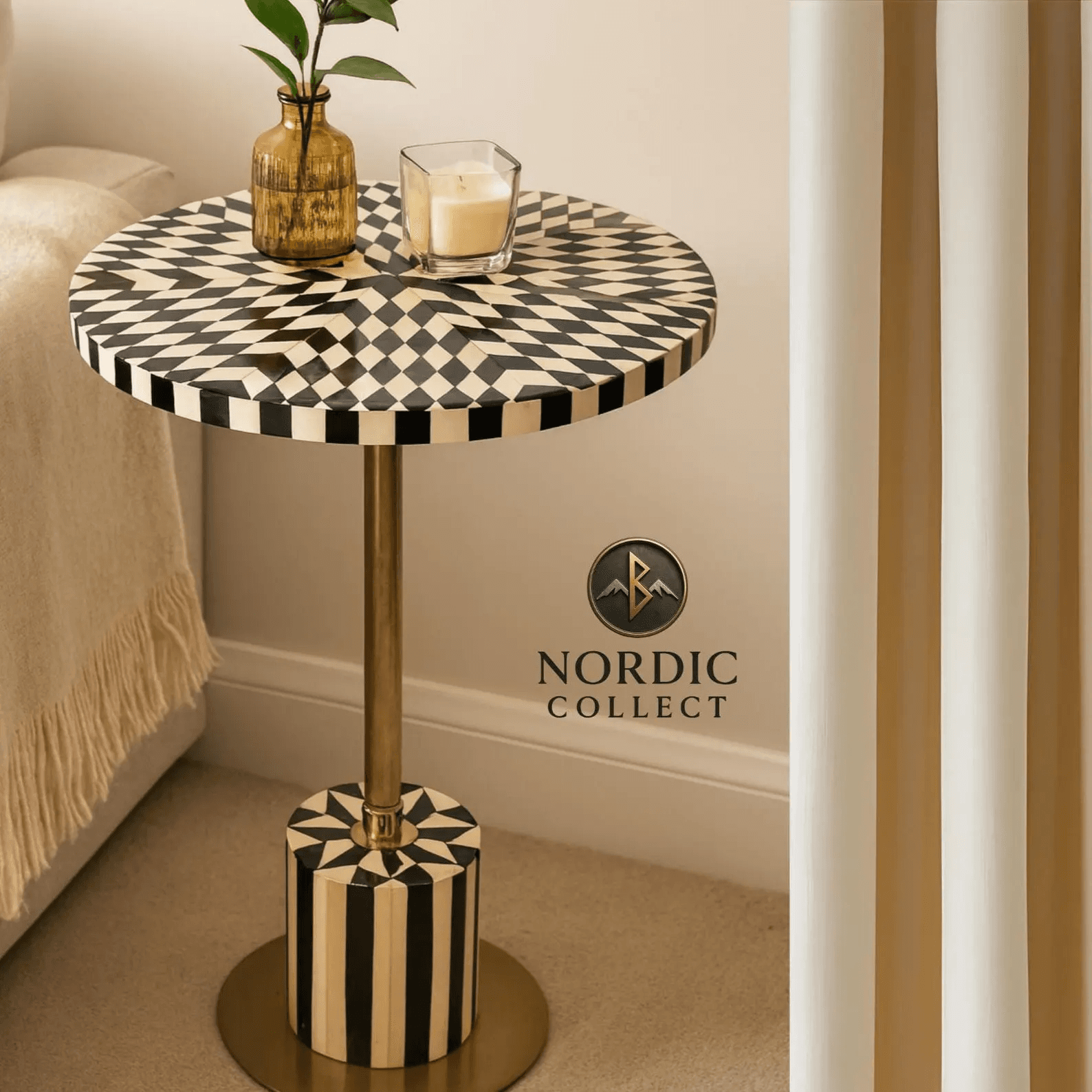 Handmade Black & White Inlay Round Side Table
