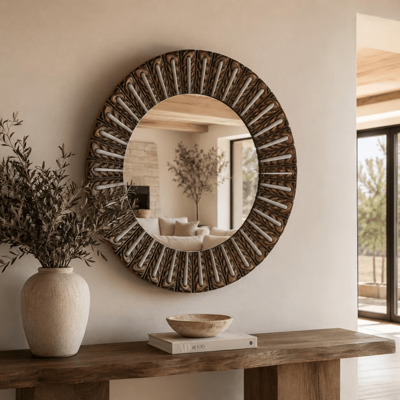 Round wooden mirror with carved birch frame